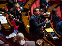 Republican Right MP Fabien Di Filippo is in Parliament during the debate on the repeal of the pension reform in Paris, France, on November 2...