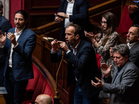 La France Insoumise deputy Manuel Bompard is in Parliament during the debate on the repeal of the pension reform in Paris, France, on Novemb...