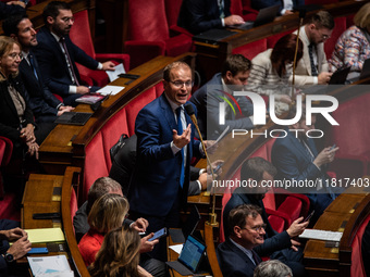 Republican Right MP Thibault Bazin is in Parliament during the debate on the repeal of the pension reform in Paris, France, on November 28,...