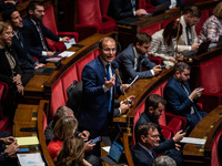 Republican Right MP Thibault Bazin is in Parliament during the debate on the repeal of the pension reform in Paris, France, on November 28,...