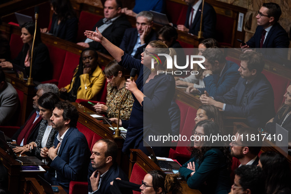 Mathilde Panot, group leader of La France Insoumise, participates in the French Parliament during the debate on the repeal of the pension re...