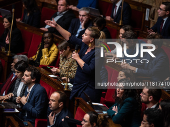 Mathilde Panot, group leader of La France Insoumise, participates in the French Parliament during the debate on the repeal of the pension re...