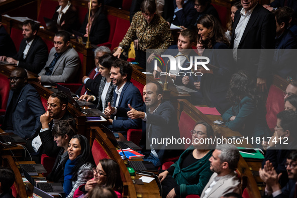 La France Insoumise deputy Manuel Bompard is in Parliament during the debate on the repeal of the pension reform in Paris, France, on Novemb...