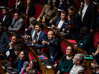 La France Insoumise deputy Manuel Bompard is in Parliament during the debate on the repeal of the pension reform in Paris, France, on Novemb...