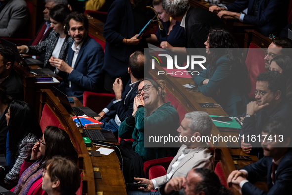 New Popular Front MEP Elise Leboucher is in Parliament during the debate on the repeal of the pension reform in Paris, France, on November 2...