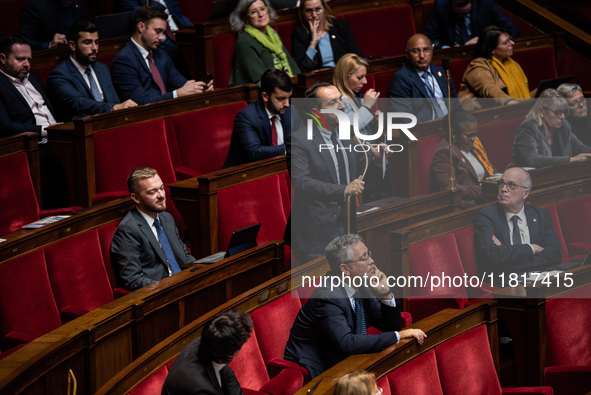 Rassemblement National deputy Sebastien Chenu is in Parliament during the debate on the repeal of the pension reform in Paris, France, on No...