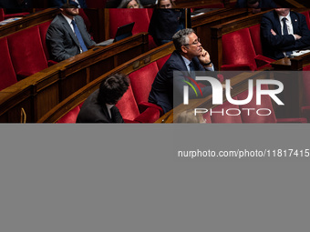 Rassemblement National deputy Sebastien Chenu is in Parliament during the debate on the repeal of the pension reform in Paris, France, on No...