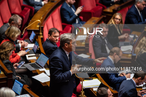 Republican Right MP Vincent Descoeur is in Parliament during the debate on the repeal of the pension reform in Paris, France, on November 28...