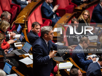 Republican Right MP Vincent Descoeur is in Parliament during the debate on the repeal of the pension reform in Paris, France, on November 28...