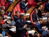 Republican Right MP Vincent Descoeur is in Parliament during the debate on the repeal of the pension reform in Paris, France, on November 28...