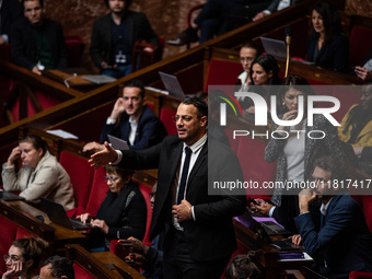 La France Insoumise MP Sebastian Delogu is in Parliament during the debate on the repeal of the pension reform in Paris, France, on November...