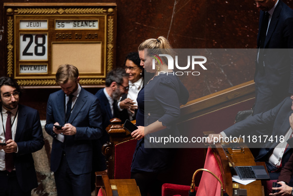 Mathilde Panot, group leader of La France Insoumise, participates in the French Parliament during the debate on the repeal of the pension re...