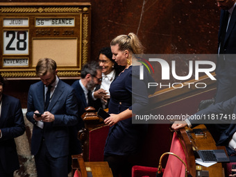 Mathilde Panot, group leader of La France Insoumise, participates in the French Parliament during the debate on the repeal of the pension re...