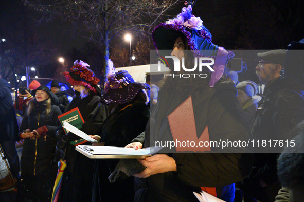 Women dressed as suffragettes take part in a rally in support of free and safe abortion in Warsaw, Poland, on November 28, 2024. A dozen wom...