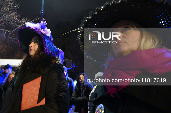 Women dressed as suffragettes take part in a rally in support of free and safe abortion in Warsaw, Poland, on November 28, 2024. A dozen wom...