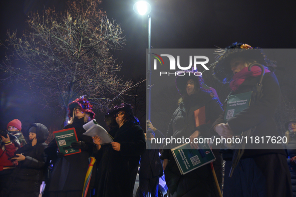 Women dressed as suffragettes take part in a rally in support of free and safe abortion in Warsaw, Poland, on November 28, 2024. A dozen wom...