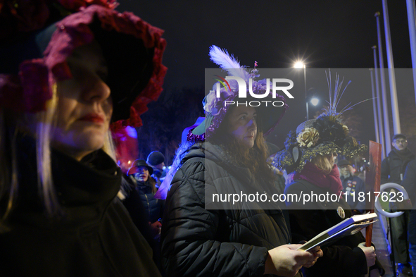 Women dressed as suffragettes take part in a rally in support of free and safe abortion in Warsaw, Poland, on November 28, 2024. A dozen wom...