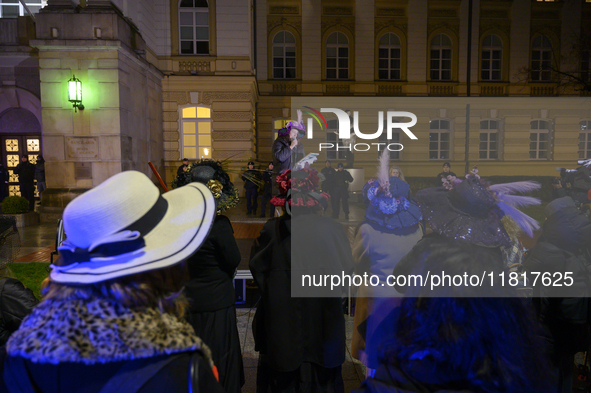 Women dressed as suffragettes take part in a rally in support of free and safe abortion in Warsaw, Poland, on November 28, 2024. A dozen wom...