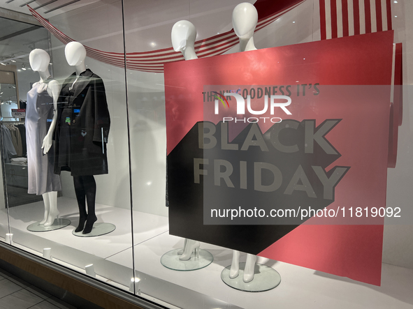 A sign for a Black Friday sale is in the window of a store at a shopping mall in Toronto, Ontario, Canada, on November 28, 2024 