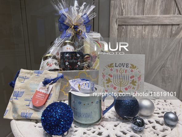 A gift basket is displayed at a shop for the upcoming Jewish holiday of Hanukkah (Chanukah) in Toronto, Ontario, Canada, on November 26, 202...