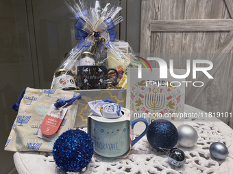 A gift basket is displayed at a shop for the upcoming Jewish holiday of Hanukkah (Chanukah) in Toronto, Ontario, Canada, on November 26, 202...