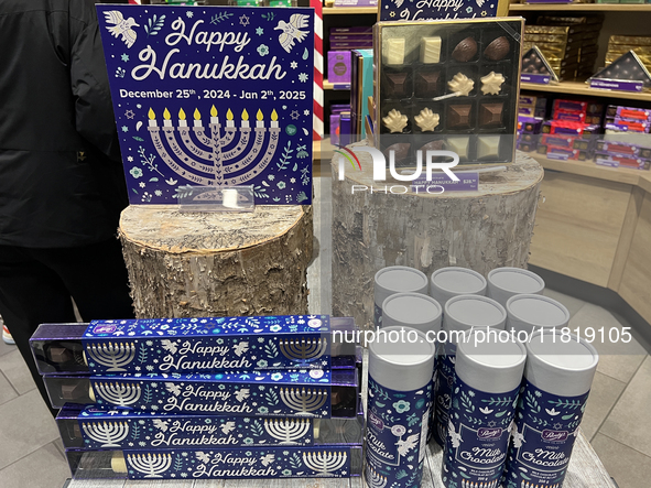 Chocolates are displayed at a shop for the upcoming Jewish holiday of Hanukkah (Chanukah) in Toronto, Ontario, Canada, on November 28, 2024....