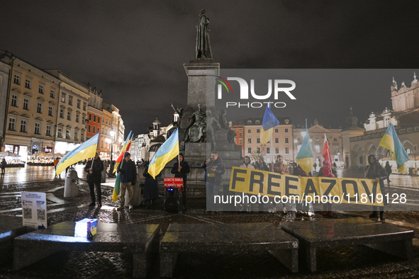 KRAKOW, POLAND - NOVEMBER 28:
On the evening of the 1009th day of Russia's invasion of Ukraine, a few members of the Ukrainian diaspora held...