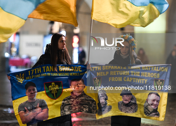 KRAKOW, POLAND - NOVEMBER 28:
On the evening of the 1009th day of Russia's invasion of Ukraine, a few members of the Ukrainian diaspora held...