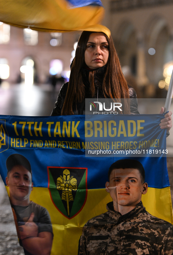 KRAKOW, POLAND - NOVEMBER 28:
On the evening of the 1009th day of Russia's invasion of Ukraine, a few members of the Ukrainian diaspora held...