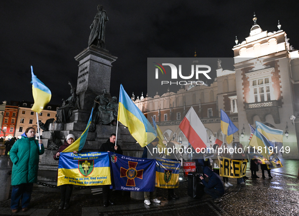 KRAKOW, POLAND - NOVEMBER 28:
On the evening of the 1009th day of Russia's invasion of Ukraine, a few members of the Ukrainian diaspora held...