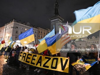 KRAKOW, POLAND - NOVEMBER 28:
On the evening of the 1009th day of Russia's invasion of Ukraine, a few members of the Ukrainian diaspora held...