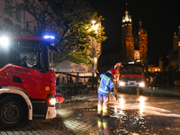 KRAKOW, POLAND - NOVEMBER 28:   
Two fire brigade vehicles are seen at at the scene at Krakow's UNESCO Main Square after a gas cylinder caug...