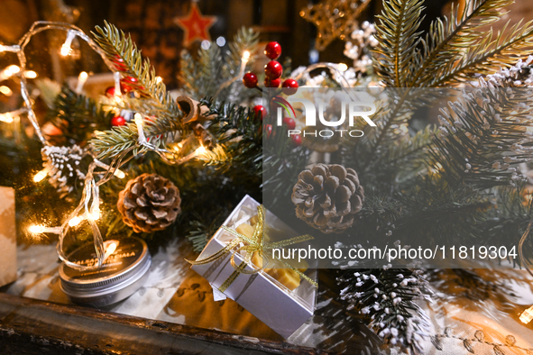 KRAKOW, POLAND - NOVEMBER 28:   
Christmas season decorations displayed in a shop window, ready for the holiday season, on November 28, 2024...