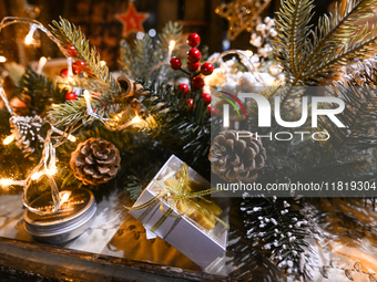 KRAKOW, POLAND - NOVEMBER 28:   
Christmas season decorations displayed in a shop window, ready for the holiday season, on November 28, 2024...