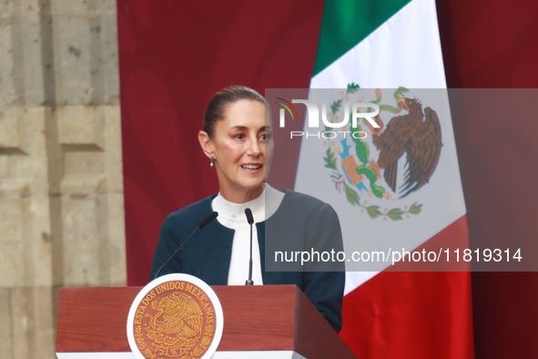 Mexico's President Claudia Sheinbaum Pardo speaks during the National Sports Award 2024 at the National Palace in Mexico City, Mexico, on No...