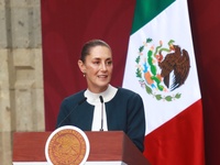 Mexico's President Claudia Sheinbaum Pardo speaks during the National Sports Award 2024 at the National Palace in Mexico City, Mexico, on No...