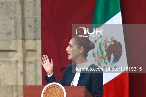 Mexico's President Claudia Sheinbaum Pardo speaks during the National Sports Award 2024 at the National Palace in Mexico City, Mexico, on No...