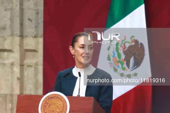 Mexico's President Claudia Sheinbaum Pardo speaks during the National Sports Award 2024 at the National Palace in Mexico City, Mexico, on No...