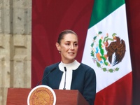 Mexico's President Claudia Sheinbaum Pardo speaks during the National Sports Award 2024 at the National Palace in Mexico City, Mexico, on No...