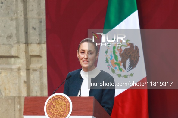 Mexico's President Claudia Sheinbaum Pardo speaks during the National Sports Award 2024 at the National Palace in Mexico City, Mexico, on No...