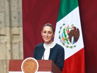 Mexico's President Claudia Sheinbaum Pardo speaks during the National Sports Award 2024 at the National Palace in Mexico City, Mexico, on No...