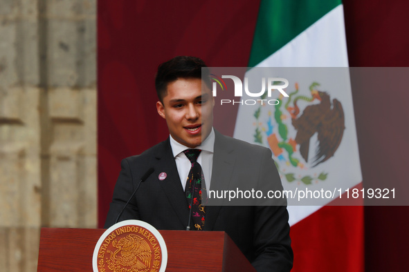 Olympic medalist diver Osmar Olvera Ibarra speaks during the National Sports Award 2024 at the National Palace in Mexico City, Mexico, on No...