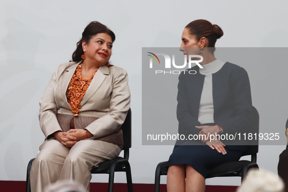 Mexico City Head of Government Clara Brugada and President of Mexico Claudia Sheinbaum attend the National Sports Award 2024 at the National...