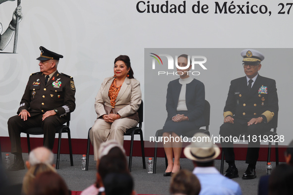 (L-R) Ricardo Trevilla Trejo, Secretary of National Defense, Mexico City Head of Government Clara Brugada, President of Mexico Claudia Shein...