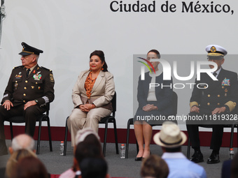 (L-R) Ricardo Trevilla Trejo, Secretary of National Defense, Mexico City Head of Government Clara Brugada, President of Mexico Claudia Shein...