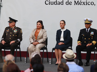 (L-R) Ricardo Trevilla Trejo, Secretary of National Defense, Mexico City Head of Government Clara Brugada, President of Mexico Claudia Shein...