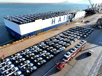 A large number of vehicles are ready to be shipped for export at the port of Lianyungang in Jiangsu province, China, on November 29, 2024. (