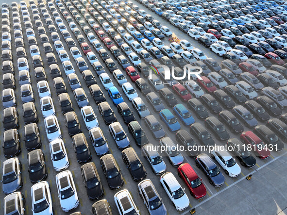 A large number of vehicles are ready to be shipped for export at the port of Lianyungang in Jiangsu province, China, on November 29, 2024. 