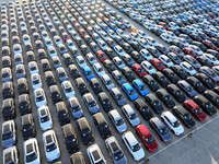 A large number of vehicles are ready to be shipped for export at the port of Lianyungang in Jiangsu province, China, on November 29, 2024. (