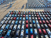 A large number of vehicles are ready to be shipped for export at the port of Lianyungang in Jiangsu province, China, on November 29, 2024. (